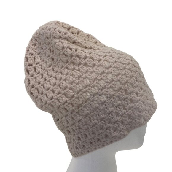 Banana Republic Beige Knit crochet Wool Beanie Hat 100% Lambswool Unisex Slouchy - Picture 1 of 11